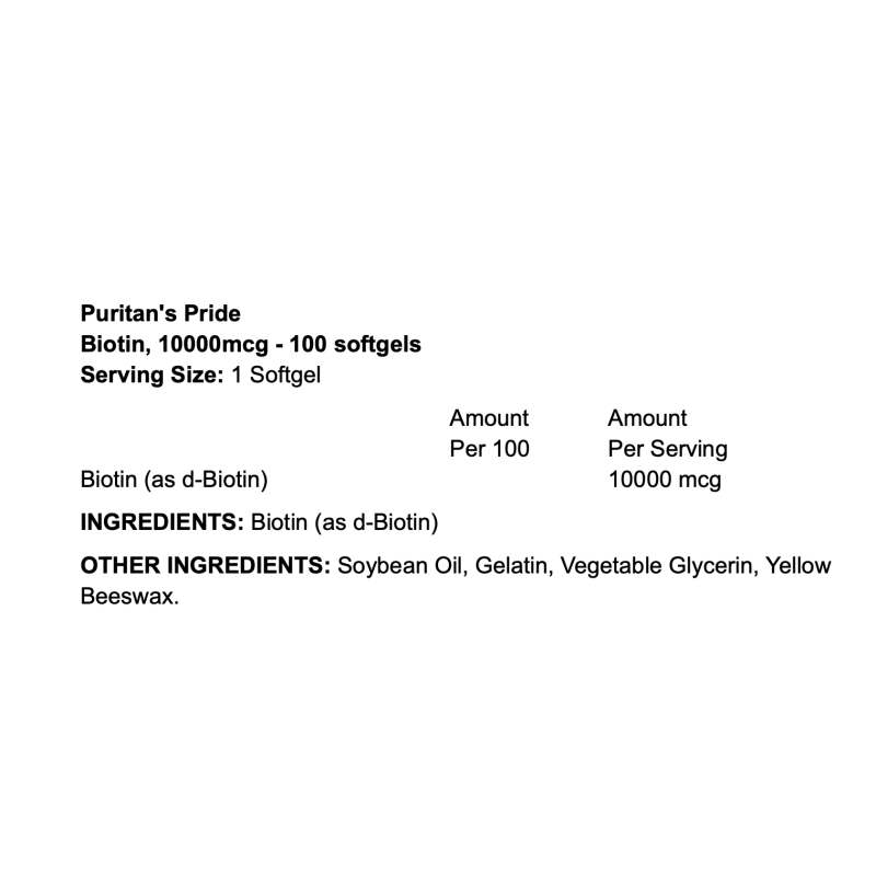 Fitqueen Puritan's Pride Biotin - Complément Beauté 10 000 mcg pour Cheveux, Peau et Ongles